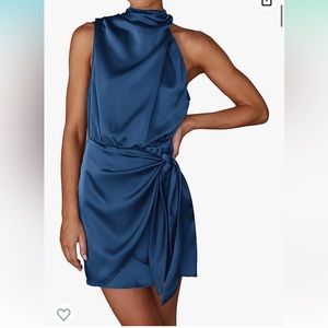 Short Formal Satin Dress Sleeveless Mock Neck Tie Waist Cocktail Party Dresses